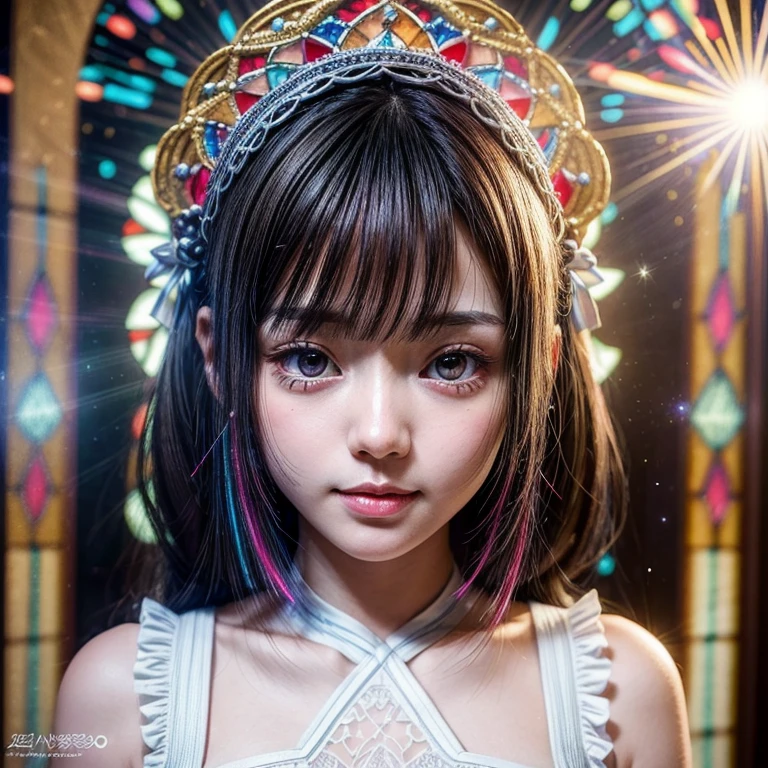 SFW, concept art, ExtremelyDetailed Tiny junior idol, Delicate lace knitted white clothes, (nipple:-0.9), face closeup, ((Dazzling stained glass Background)), (((Renbutsu Misako), colorful Light shines through stunning elaborate stained glass:1.2, RainbowColored Photon Particles, lens flare, light Particle)), (Acutance:0.8). (masterpiece:1.2),(ultra-detailed:1.37), (Photorealistic RAW photo-realistic:1.37), (Extremely detailed KAWAII face variations, innocent joyful expression variations), PUNIPUNI rosy cheeks, ElaboratePupils detailed eyes with (sparkling highlights:1.28), (Voluminous LongEyelashes, subtle blush on the face. Mystic sight, haze, Radiant PearlSkin with Transparency, Glowing DowneyHair, CaptivatingGaze, ((Dynamic-angle, physically-based rendering)) . (((not Detailed fingers:-0.9))) .
