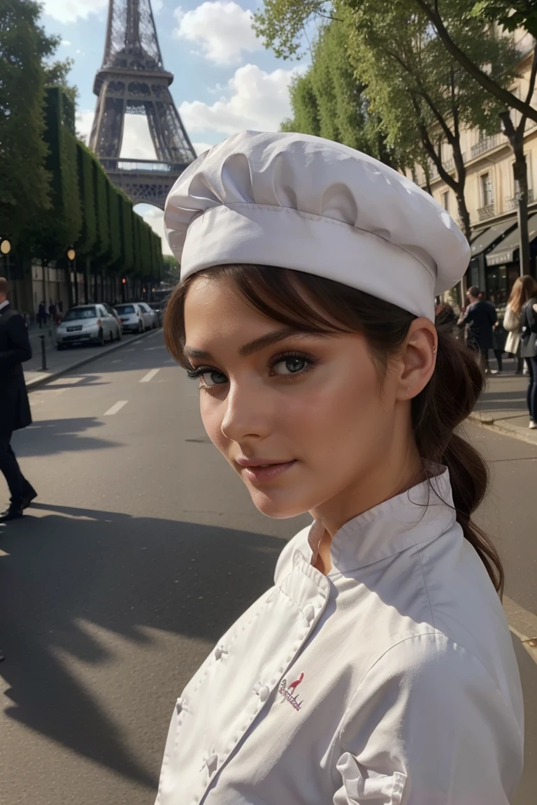 Les mannequins Instagram posent à la tour eiffel, en vêtements traditionnels, tout le corps, beaux yeux détaillés, lèvres magnifiquement détaillées, yeux et visage extrêmement détaillés, court, belle rose Haar ((meilleure qualité)), ((Chef-d'œuvre)), (détaillé), visage parfait, tout le corps, sourire, entra