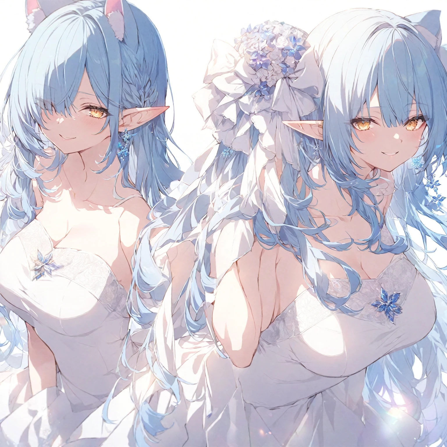 (masterpiece), (best quality), perfect face, beautiful girl, white background background, delicate and beautiful face and eyes, dark intense shadow, 
1 girl, vtuber style, cool girl, hololive, Yukihana Lamy, Elf ears, Wedding dress, big chest, cropped shoulders, clavicle, one eye close winking, smile, body visible through clothes, chest visible through clothes, (full body), looking at viewer, standing,
