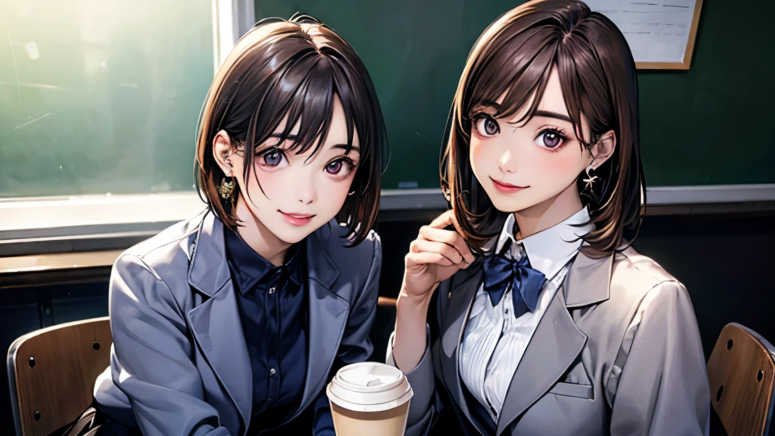 (masterpiece:1.2, Highest quality), (Realistic, photoRealistic:1.4), Beautiful illustrations, (Natural Side Lighting, Cinema Lighting), 
View your viewers, 1 female, Japanese, 22 years old, High School Teacher, Perfect Face, Cute and symmetrical face, Shiny skin, Baby Face, 
(short hair, Straight hair, Dark brown hair), Hair between the eyes, Deep purple eyes, (Middle chest, Captivating thighs, Big Ass), Earrings, 
Beautiful Hair, Beautiful Face, Beautiful attention to detail, Beautiful clavicle, Beautiful body, Beautiful breasts, Beautiful thighs, Beautiful feet, Beautiful fingers, 
((Navy jacket, close the jacket, Navy Tight Skirt, White collared shirt), Black Pantyhose), Purple neck ribbon, High heels, 
(Beautiful views), evening, classroom, blackboard, squat, (Cute smile, Upward glance), Holding coffee in both hands