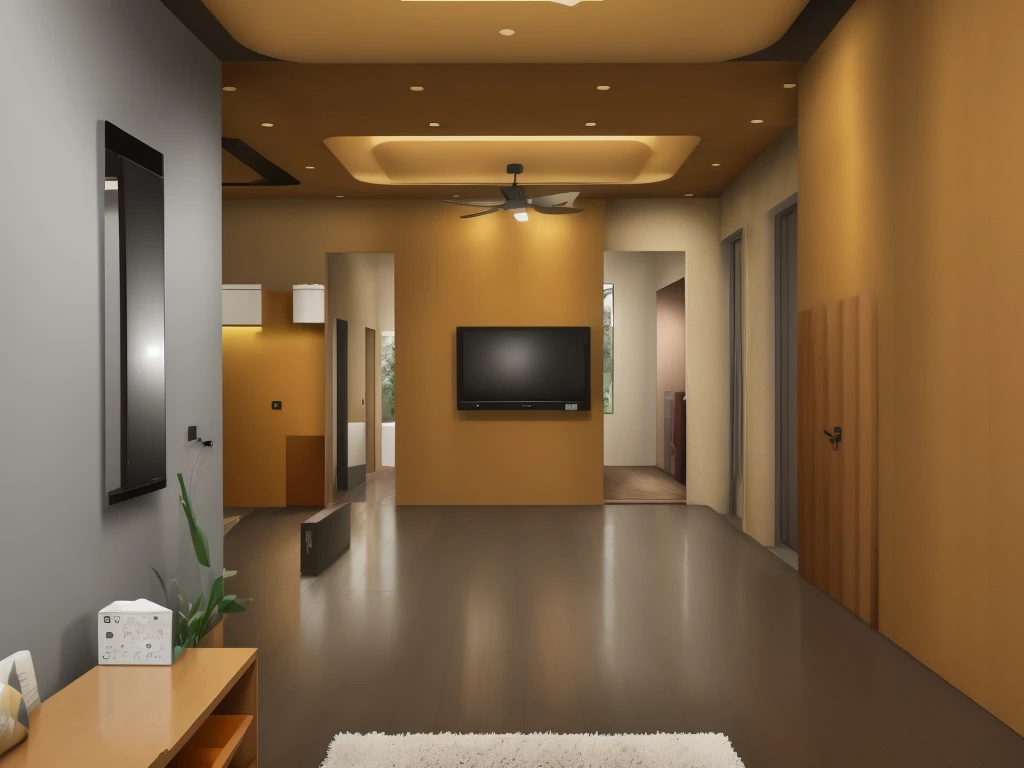 "Modern living room divider: MDF wood, ochre color, TV integration."