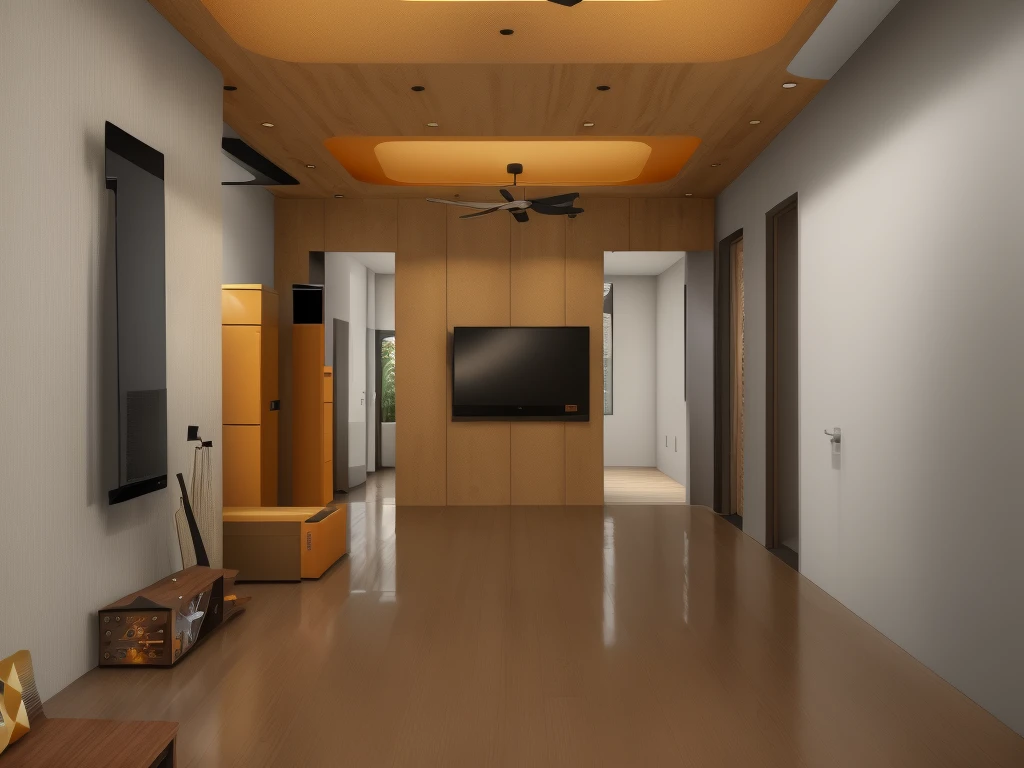 "Modern living room divider: MDF wood, ochre color, TV integration."