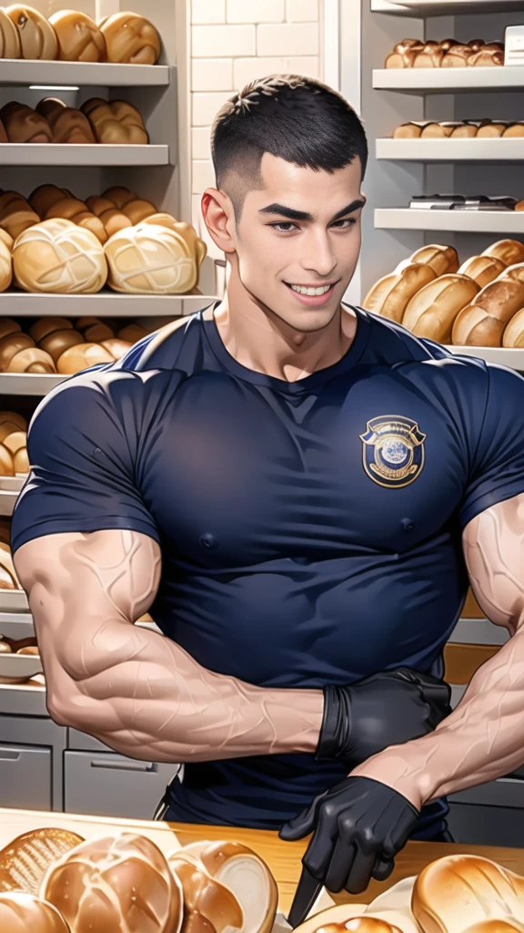 (NSFW: 1.5), (handsome Man sitting on table eating bread ),(crew cut short hair:1.8),black eye,(Wear a fitted round neck t-shirt in navy with a police badge.:1.5),(fit neck),Navy blue jeans,(black_gloves:1.2), Korean guy,chest muscles,large arm muscles,blood vessel,Big muscles,Broad shoulders, (open mouth:1.2),(face up:1.2),(open eyes:1.5), middle of the road,smile, In the bread shop,