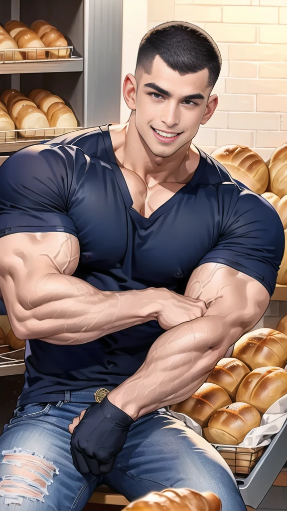 (NSFW: 1.5), (handsome Man sitting on table eating bread ),(crew cut short hair:1.8),black eye,(Wear a fitted round neck t-shirt in navy with a police badge.:1.5),(fit neck),Navy blue jeans,(black_gloves:1.2), Korean guy,chest muscles,large arm muscles,blood vessel,Big muscles,Broad shoulders, (open mouth:1.2),(face up:1.2),(open eyes:1.5), middle of the road,smile, In the bread shop,
