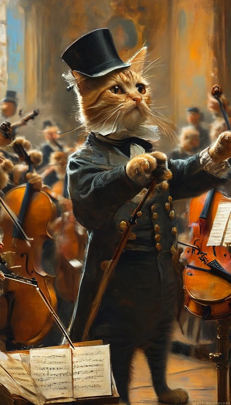 A cat standing in front of an orchestra as the conductor, Cat masterpiece, In the picture of the cat, inspired By Carel Fabritius, By Alexander Kucharski, Magnificent paintings of the artist, Heather Soler, By Carel Fabritius, Jean-Léon Gérôme, Jean - Léon Jérôme, Jean-Léon Gérôme, conductor