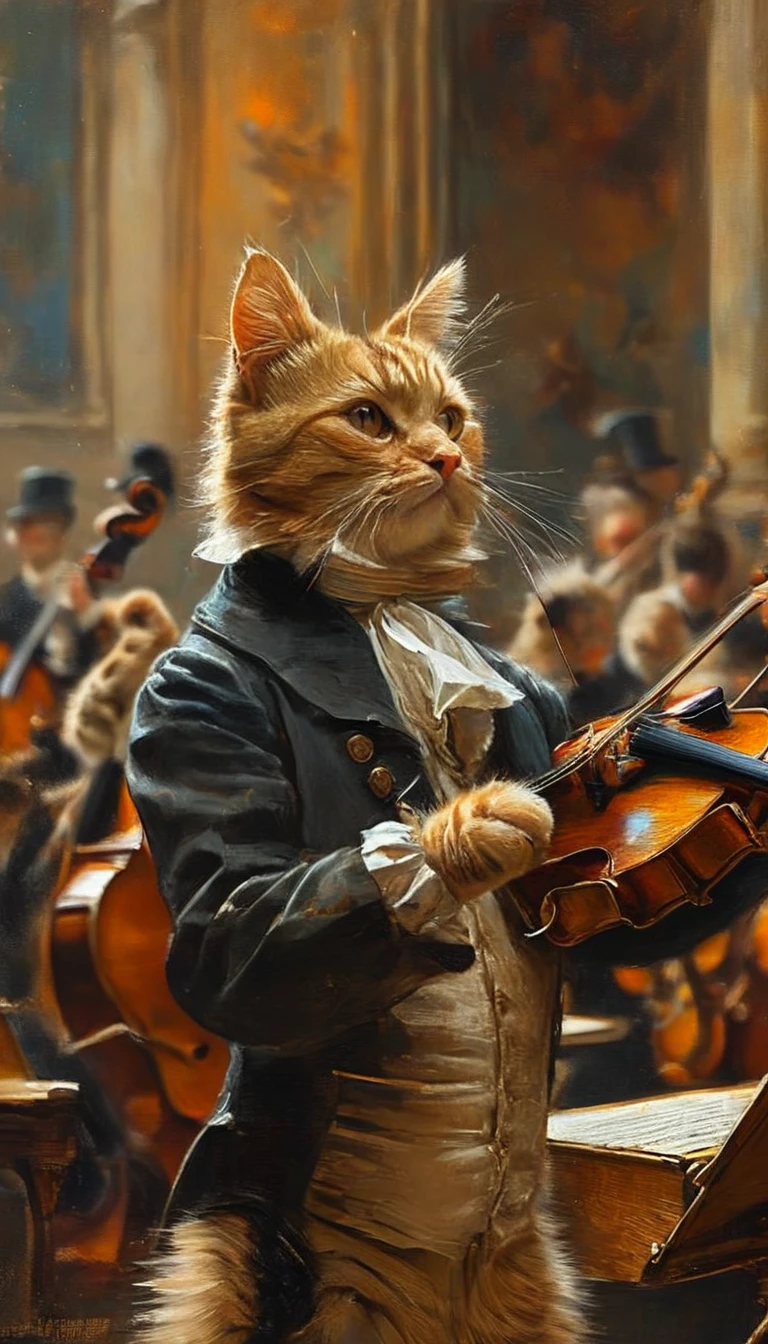 A cat standing in front of an orchestra as the conductor, Cat masterpiece, In the picture of the cat, inspired By Carel Fabritius, By Alexander Kucharski, Magnificent paintings of the artist, Heather Soler, By Carel Fabritius, Jean-Léon Gérôme, Jean - Léon Jérôme, Jean-Léon Gérôme, conductor