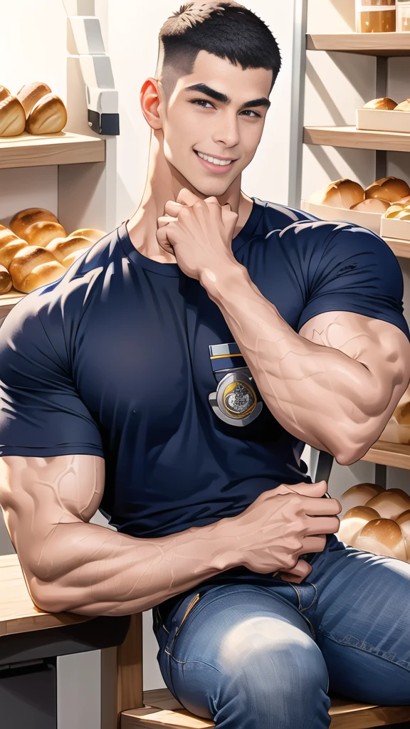 (NSFW: 1.5), (handsome Man sitting on table eating bread ),(crew cut short hair:1.8),black eye,(Wear a fitted round neck t-shirt in navy with a police badge.:1.5),(fit neck),Navy blue jeans,(black_gloves:1.2), Korean guy,chest muscles,large arm muscles,blood vessel,Big muscles,Broad shoulders, (open mouth:1.2),(face up:1.2),(open eyes:1.5), middle of the road,smile, In the bread shop,