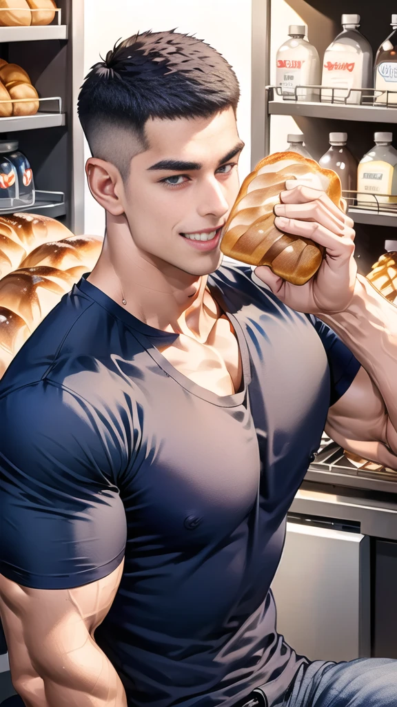 (NSFW: 1.5), (handsome Man sitting on table eating bread ),(crew cut short hair:1.8),black eye,(Wear a fitted round neck t-shirt in navy with a police badge.:1.5),(fit neck),Navy blue jeans,(black_gloves:1.2), Korean guy,chest muscles,large arm muscles,blood vessel,Big muscles,Broad shoulders, (open mouth:1.2),(face up:1.2),(open eyes:1.5), middle of the road,smile, In the bread shop,