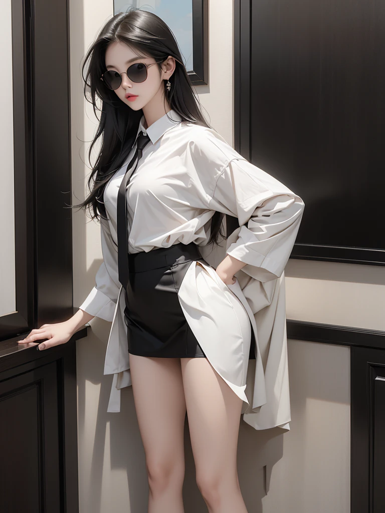 a beautiful Korean woman with long straight hair, wearing sunglasses, wearing casual clothes such as a black suit, white tie, wearing a short black skirt, is standing in an aesthetic room. HD REALISTIC
