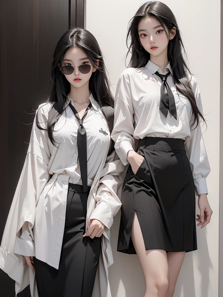 a beautiful Korean woman with long straight hair, wearing sunglasses, wearing casual clothes such as a black suit, white tie, wearing a short black skirt, is standing in an aesthetic room. HD REALISTIC