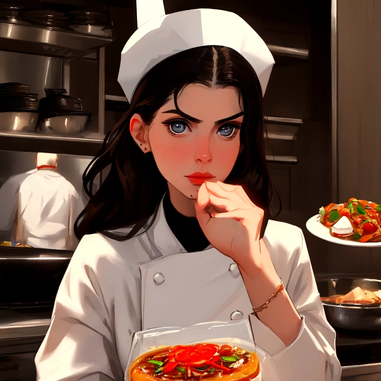 Perfect face, straight beauty, Restauranteur, Female based in alexandra daddario, she is a cook from a restaurant, she wears black chef uniform, portrait, close-up