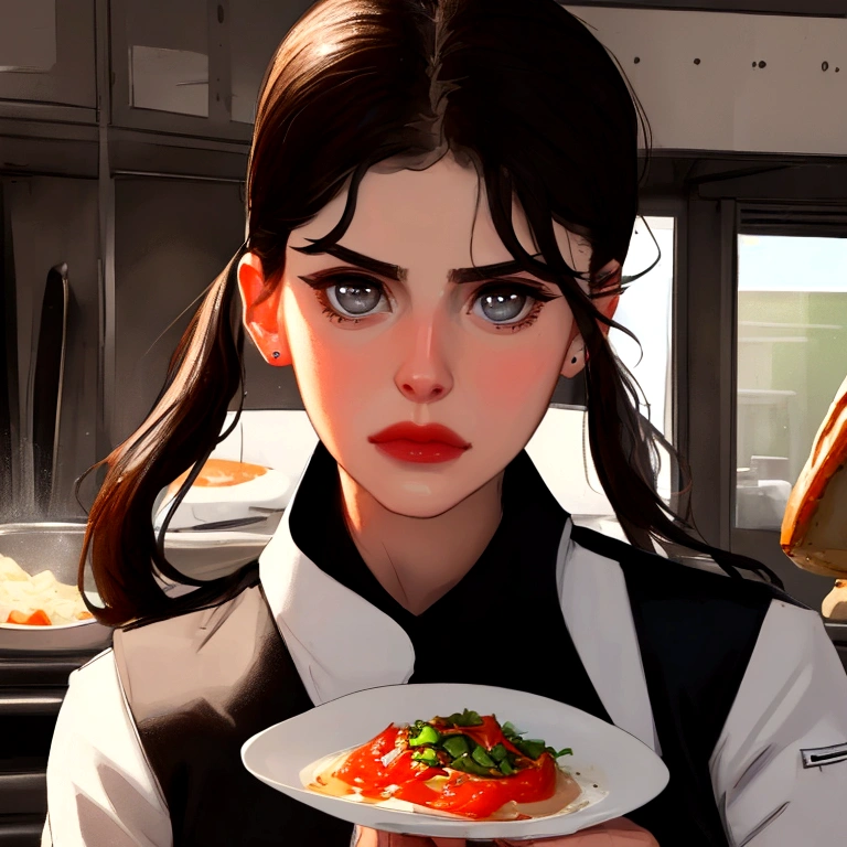 Perfect face, straight beauty, Restauranteur, Female based in alexandra daddario, she is a cook from a restaurant, she wears black chef uniform, portrait, close-up
