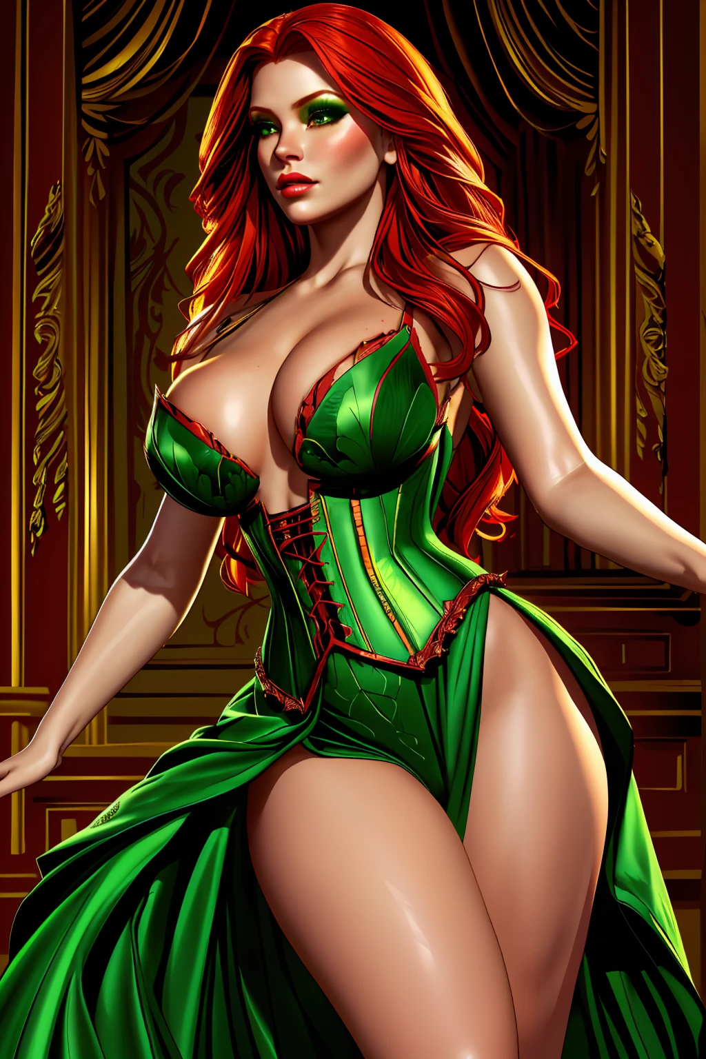 a woman with long crimson hair, wearing a long green dress with a leg slit, intricate corset, beautiful detailed eyes, beautiful detailed lips, extremely detailed face, longeyelashes, elegant pose, graceful movement, breathtaking, detailed and realistic, oil painting, dramatic lighting, warm color palette, cinematic composition, masterpiece, 8k, high quality, poison ivy 