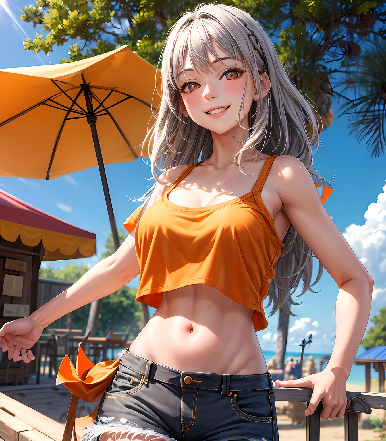 masterpiece, best quality, high detail, 1 girl, gray hair, orange eyes, t shirt, midriff, shorts, smile, sunny, outdoors, realistic, blurred background, cowboy shot, summer, light rays