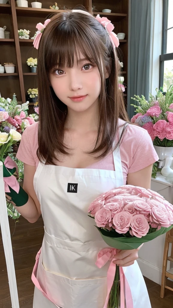 one girl, (a beauty girl, delicate girl:1.3), (:1.3),
break, (flower shop, colorful flowers:1.3),
break, (put out nudity:1.3), (apron:1.2), (pink carnation bouquet:1.2),
break, very fine eyes, (symmetrical eyes:1.3),
break, (big breasts:0.5), brown eyes, parted bangs, brown hair, (upper teeth, best smile:0.2),
break, (eyes and faces with detailed:1.0),
break, (masterpiece, best quality, ultra detailed, detailed face, 8k)