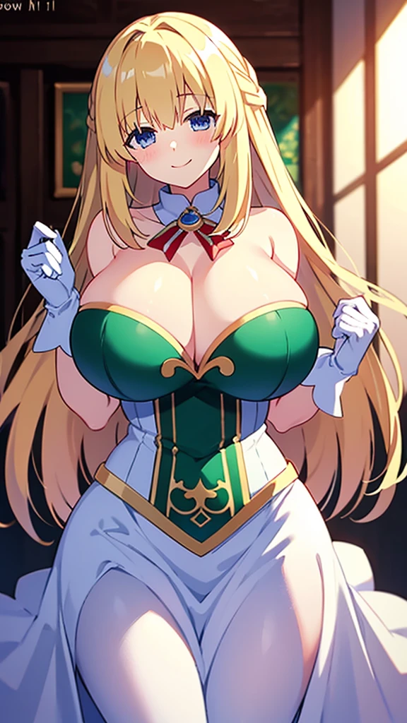 8k, RAW photo, best quality, masterpiece:1.2, 1girl,solo, curvy, blonde hair, blue eyes, blush, smile, huge , cleavaghair, looking at viewer, white pantyhose, gree white dress, white gloves, vert_/neptune series/:1.1