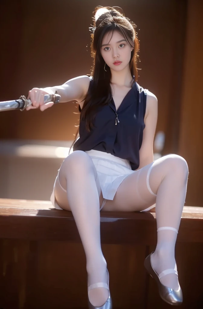 1 girl,Looking at the audience, Focus alone, Practical, Holding a sword,ultra Practical 8k cg, picture-Perfect face, Flawless, Clean, masterpiece, Professional artwork, Famous Artworks, Perfect face, Pretty Face, beautiful Eye, ((Perfect female body)), Solitary,(Immersive atmosphere, Chiaroscuro:1.5,Bright Light:1.2,Luminous lighting) ,,(blush:0.5),Expression,Extremely detailed_Eye,Large Breasts, Beautiful and detailed background,Depth of Field,Practical:1.3, Telephoto,1 Girl,shirt,Pleated Skirt, , whole body, (Ambient Light:1.3),(Composition:1.3),(Neon:0.1),(Human Development Report:0.1),Accent Lighting, White thin stockings,Raise your legs high,The legs are greatly spread,No pants,High society girl,sleeveless,Bare arms,Super realistic pantyhose,Silver ballet shoes