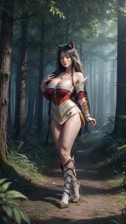 ((full body shot)), (1 girl), (Alone),  oh, natural, Beautiful face with symmetry., Gradient eyes, Intense crystal yellow eyes, Intense eye highlighting., Slightly bigger eyes, double eyelids, Lipgloss, busty, neckline, big breasts, sexy smile, sexy miniature armor, neckline, Fox tail, Multiple queues, IncrsAhri, braid, ((Masterpiece, Best Quality)), photographic reality, high resolution, 8k, (Super detailed CG: 1.2) , (8k: 1.2) , realist, Octane representation, very detailed illustrations, Different image, (Magic forest landscape)
