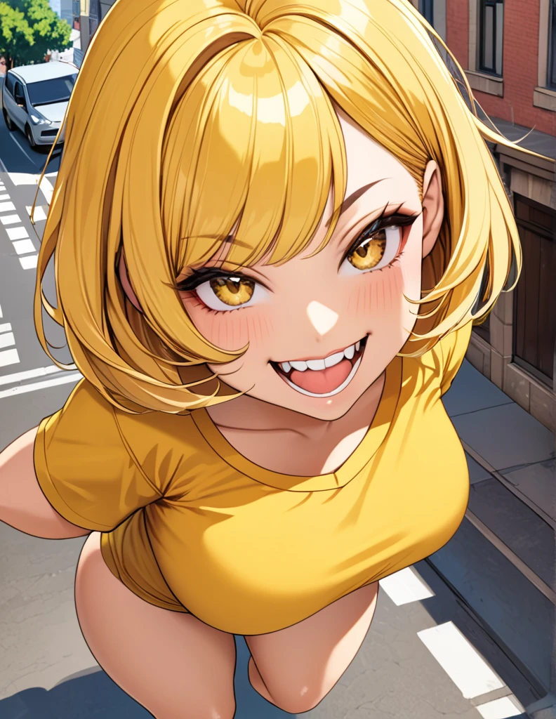 Yellow hair color,short hair,light brown eyes,chubbily ,huge breasts,whipped thighs,Yellow shirt,cat mouth,smile,Open mouth,open eye,double tooth,Taken from the viewpoint above, looking at viewer,upturned eyes,Street Background,SFW,perfect,high quality,faultless,