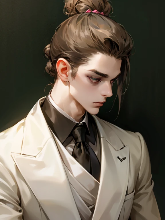((Highest quality)), ((masterpiece)), (detailed), Brunette man with bun hairstyle,Slit eyes,Lower lashes,Center bang,Formal wear