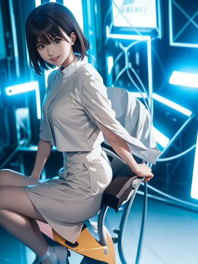 (Very detailedな CG Unity 8k 壁紙, Highest quality, Very detailed, Looking into the camera:1.2, The light shines on your face:1.5, Gray background, Professional Lighting), Japanese women, 26 years old, Brightly lit upper body composition of a face. She has an oval face, Soft arched eyebrows, bright expressive eyes,,, pronounced nose, And a friendly smile. Her hair is shoulder-length, straight, Dyed a pale chestnut color. She is wearing a smart casual blouse, Probably soft colors, Pair it with a chic blazer, Embody her lively and sociable personality