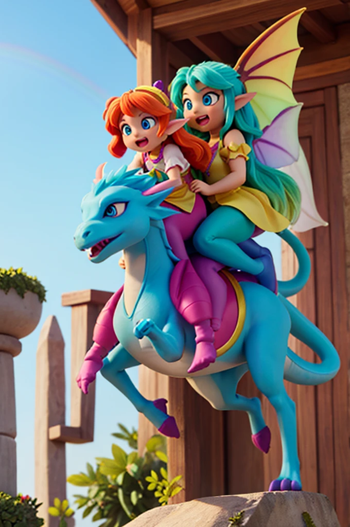 a rainbow-colored dragon riding two little girls, one of them is a fairy, the other a human with long golden hair and light blue eyes

