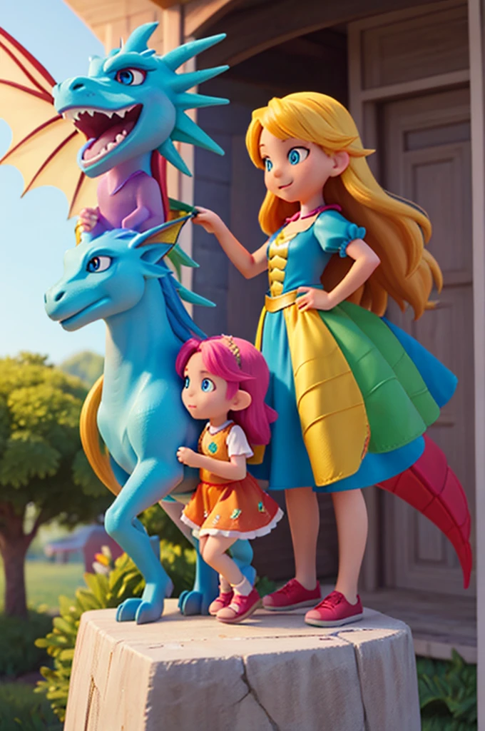 a rainbow-colored dragon riding two s, one of them is a fairy, the other a human with long golden hair and light blue eyes