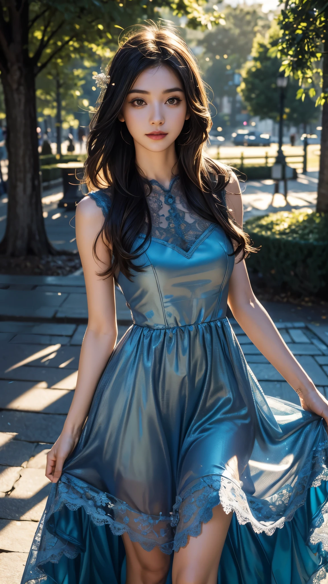 8K, UHD, MAsterpiece, best quality, 1 girl, (realistic face), happy pace, very long hair, small breasts, decorated dress, very beautiful ornaments dress, blue color, ((lace)), mesh dress, sardine, loops, in the park, depth of field, cinematic lighting, chromatic aberration, motion blur, glowing light, god rays, ray tracing, reflection light, backlighting, knee short,