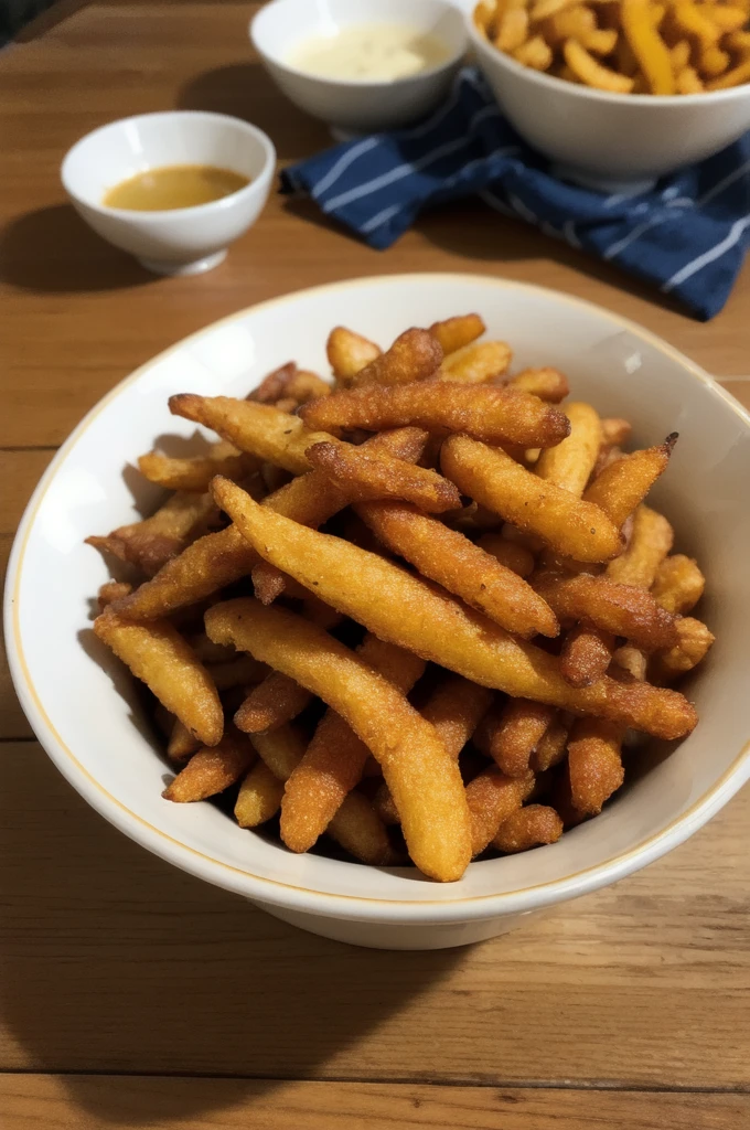 Realistic photo of spicy cassava chips product branded "Keripik Kulit Badak" with cool font which shows its deliciousness on a wooden table