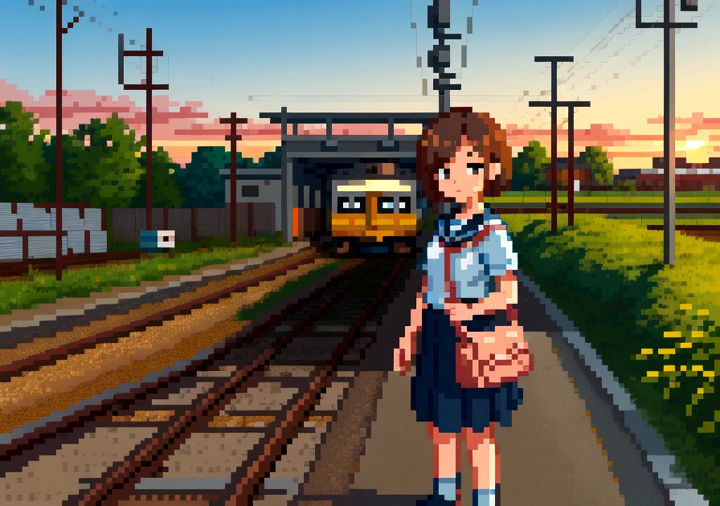 Create 3D Pixar-style cartoon scenes, summer,Rural railroad crossing,Wearing a sailor uniform,I have a bag,The girl in front of me,Watching a train pass by,Waiting for the crossing to open.Standing at the back of the railroad crossing,Standing facing forward and waiting,Sunset,Not standing on the station platform.