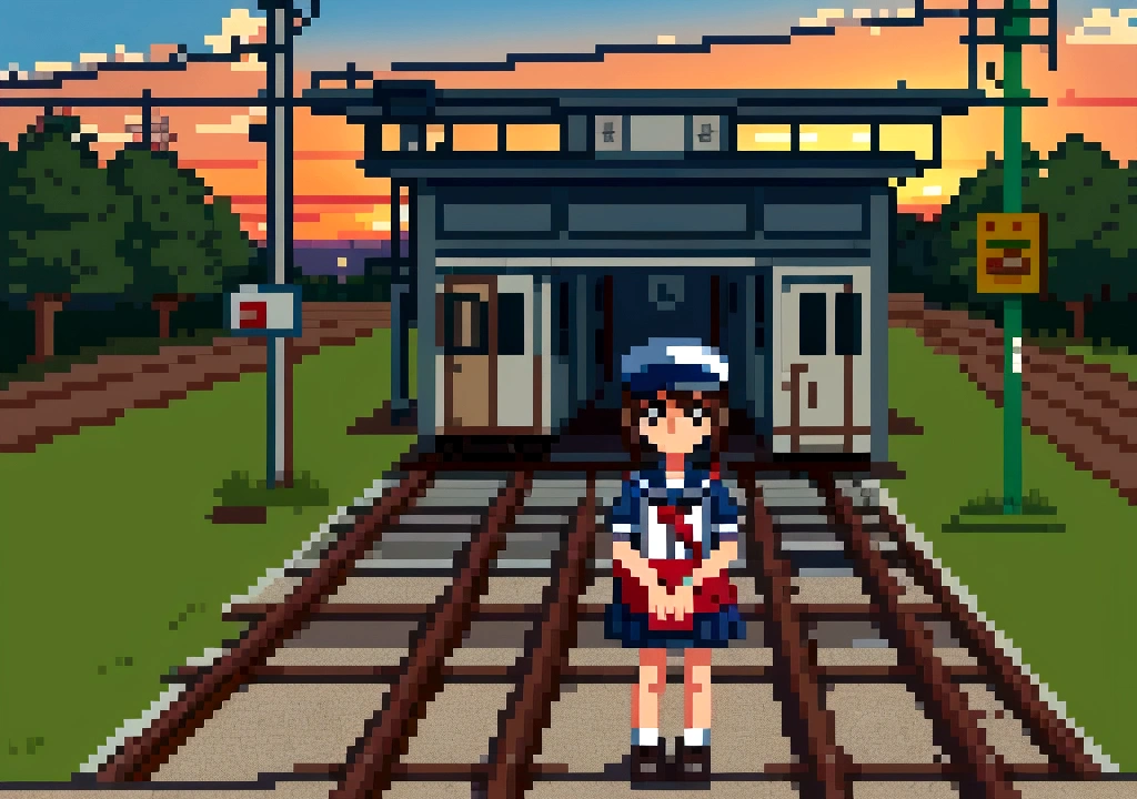 Create 3D Pixar-style cartoon scenes, summer,Rural railroad crossing,Wearing a sailor uniform,I have a bag,The girl in front of me,Watching a train pass by,Waiting for the crossing to open.Standing at the back of the railroad crossing,Standing facing forward and waiting,Sunset,Not standing on the station platform.