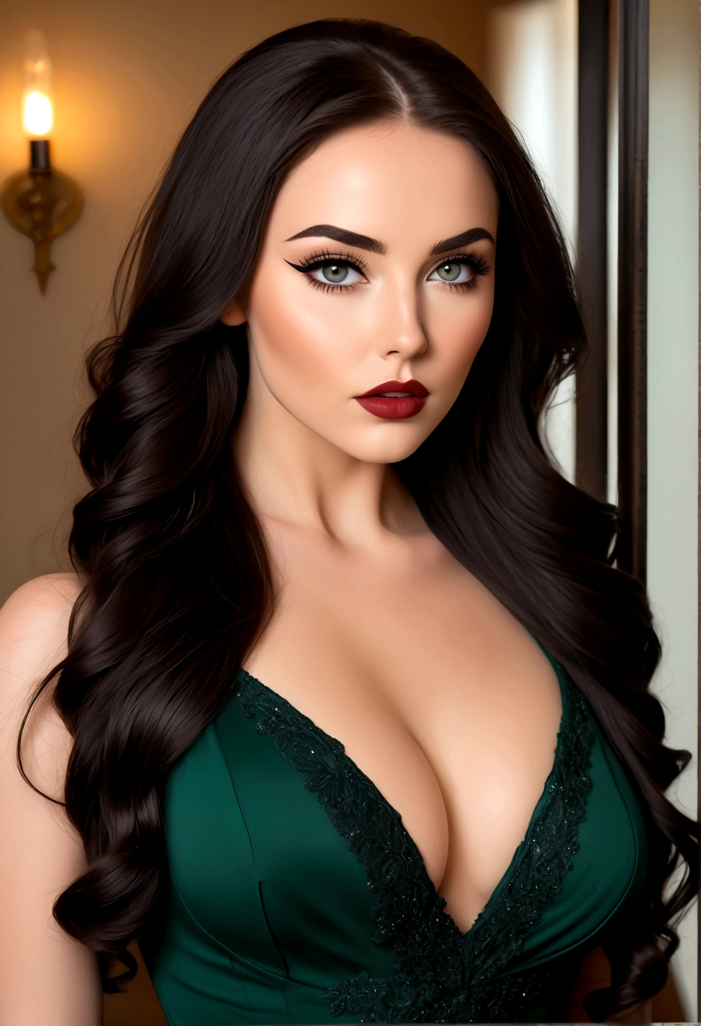 Create an image of a stunningly beautiful perfect sexy Irish girl, Stunningly gorgeous beautiful perfect sexy face, perfect makeup, lipstick, curved eyebrows, long luscious eyelashes, black eyeliner, long luscious hair, seductive eyes, hour glass body figure, natural breats, showing clevage, long sexy dress,