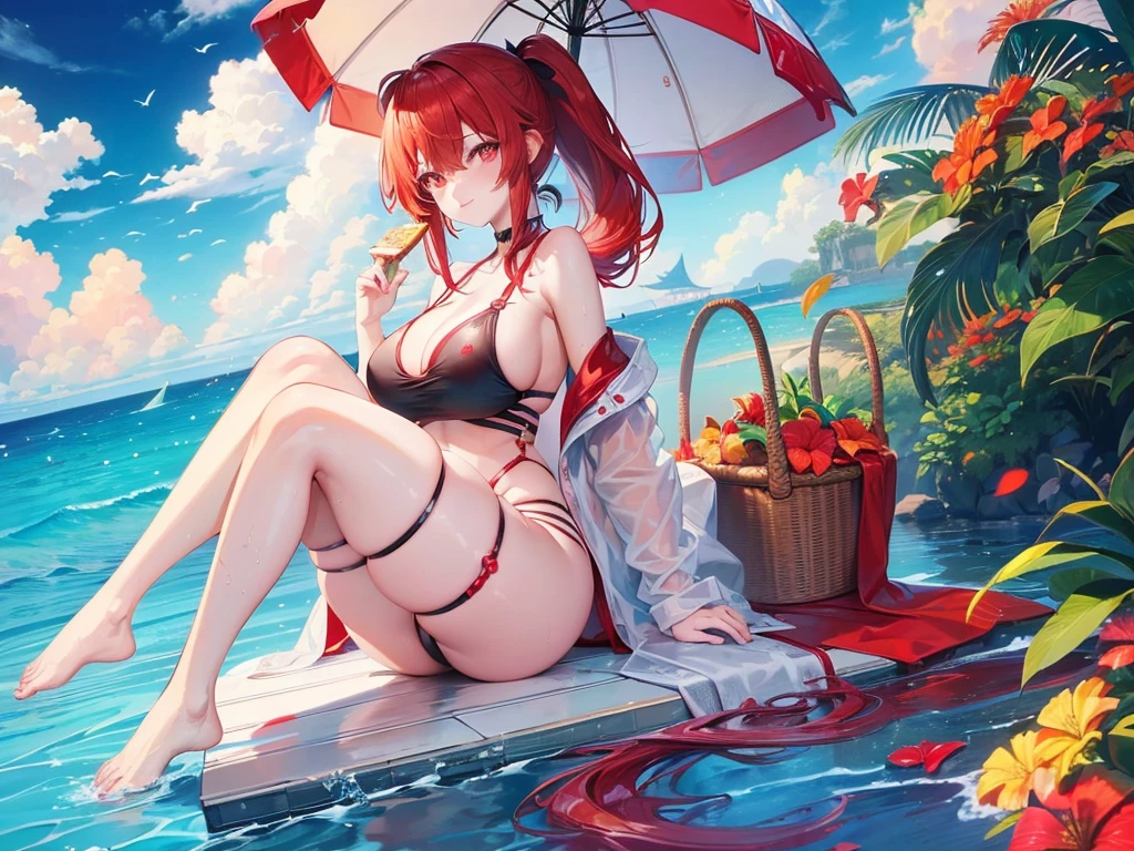Parasol, food, basket, flip flops, vinyl sheet, Beaches and sands, Calm expression, Perfect hands, elder, Red Hair, The dignity of a 50-year-old, 落ち着きのあるwoman, solo、(Highly detailed background:1.0)、(Highly detailed background:1.0)、masterpiece、Highest quality、(Babes)、Fractal Art、Red eyes、Narrow eyes、Sexy black and red swimsuit, Reddish cheeks、Tropical Sea、From the shoulders up、Recall、smile、One Woman、Three-dimensional clouds、Venice beach, Red long ponytail, Red eyes,スタイリッシュなアクセサリーsolo, Big Breasts, woman, Take-out, Provocative laughter,40 year old woman,Queen of Sadism, Highly detailed background, Great writing style, Sit with both hands outstretched, Splash, Diffuse reflection of light, Perfect Human Medicine, Water breathing, Bare Skin, barefoot, Sweat,