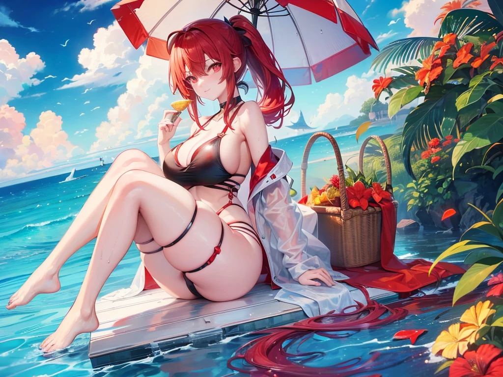 Parasol, food, basket, flip flops, vinyl sheet, Beaches and sands, Calm expression, Perfect hands, elder, Red Hair, The dignity of a 50-year-old, 落ち着きのあるwoman, solo、(Highly detailed background:1.0)、(Highly detailed background:1.0)、masterpiece、Highest quality、(Babes)、Fractal Art、Red eyes、Narrow eyes、Sexy black and red swimsuit, Reddish cheeks、Tropical Sea、From the shoulders up、Recall、smile、One Woman、Three-dimensional clouds、Venice beach, Red long ponytail, Red eyes,スタイリッシュなアクセサリーsolo, Big Breasts, woman, Take-out, Provocative laughter,40 year old woman,Queen of Sadism, Highly detailed background, Great writing style, Sit with both hands outstretched, Splash, Diffuse reflection of light, Perfect Human Medicine, Water breathing, Bare Skin, barefoot, Sweat, 