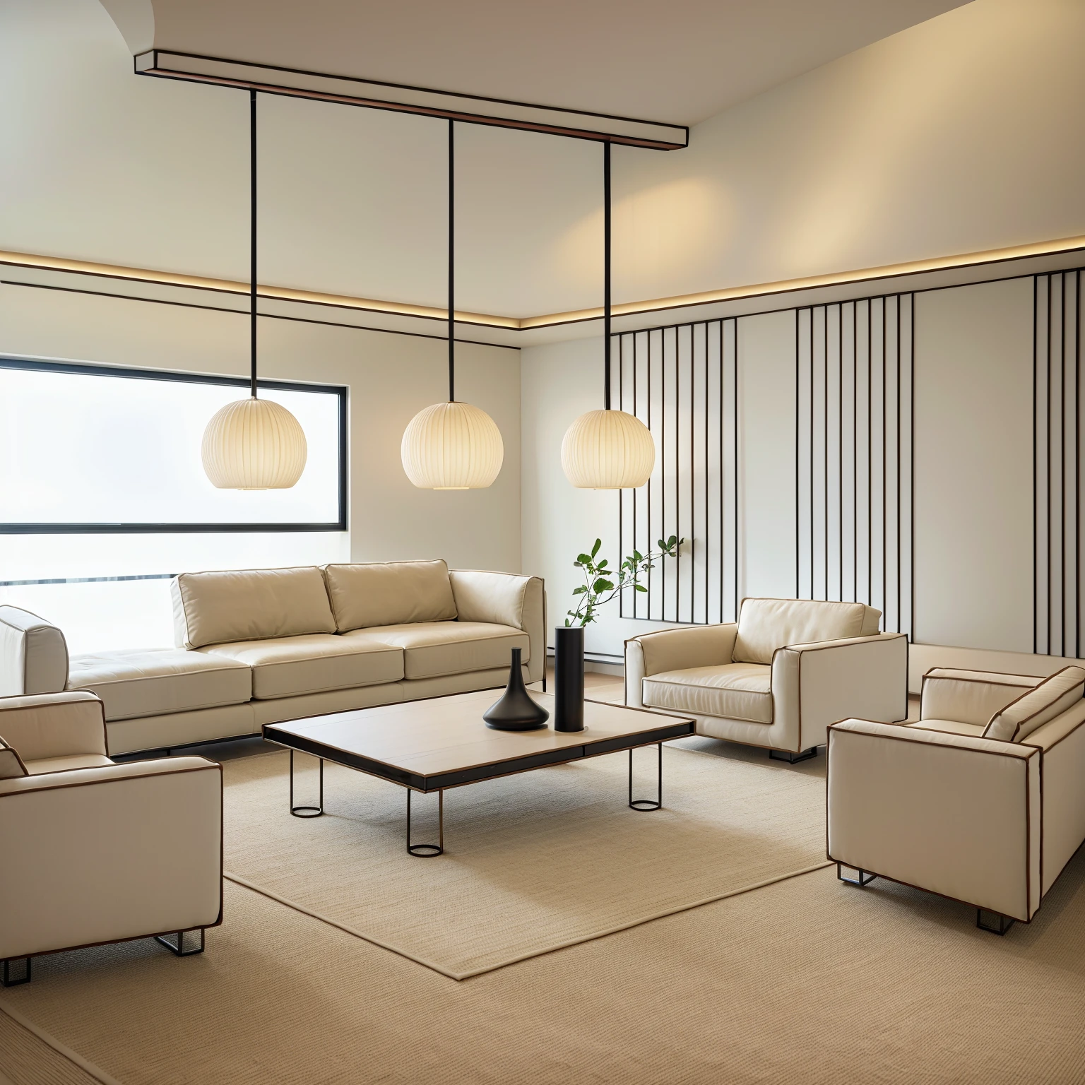 A luxurious living room welcomes you as you step inside, with its spacious and bright floor-to-ceiling glass windows. Through the windows, a lush green courtyard greets your eyes, with flowers and trees swaying gently in the breeze. The entire space is adorned in a palette of light gray and ivory white, with clean lines and unique decorations that are pleasing to the eye. As you walk, your feet sink into the plush carpet, providing a soft and comfortable sensation. Soothing music permeates the air, creating a tranquil ambiance. The velvet cushions on the sofa exude a sense of infinite luxury and taste.