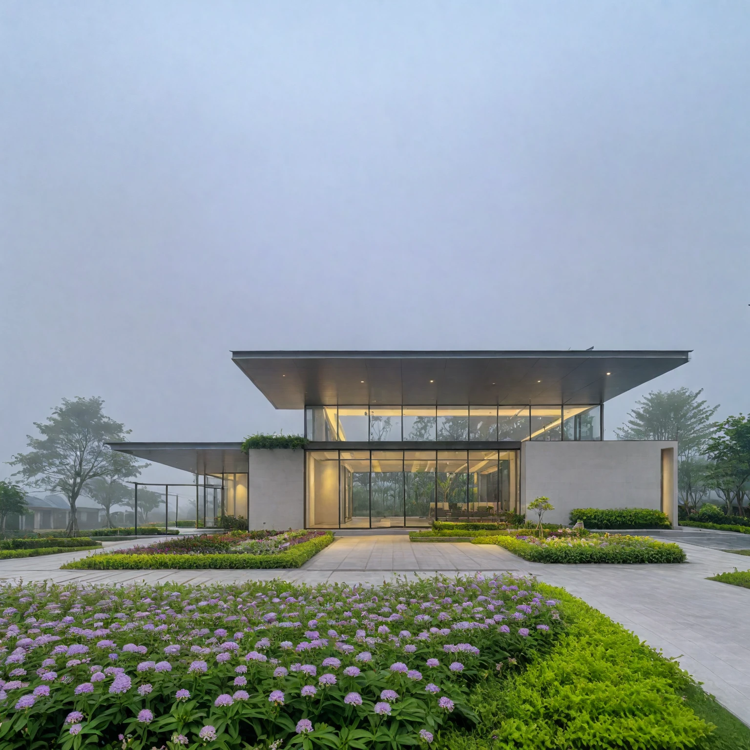 RAW photo, Exterior of modern villa, garden, zutuan,yuanlin,flower,Early morning,fog,nohumans,scenery,tree,field,plant,bushhydrangea,scenery,flower field,naturepath,daisy,day,road,purple flower,highcontrast, (road:1.3), (sidewalk:1.3), (sidewalk trees:1.3), (residences area:1.4), dawn time, overcast, fog, tropical trees and plants, (high detailed:1.2), 8k uhd, dslr, soft lighting, high quality, film grain, Fujifilm XT3, (sharpen:1.5)
