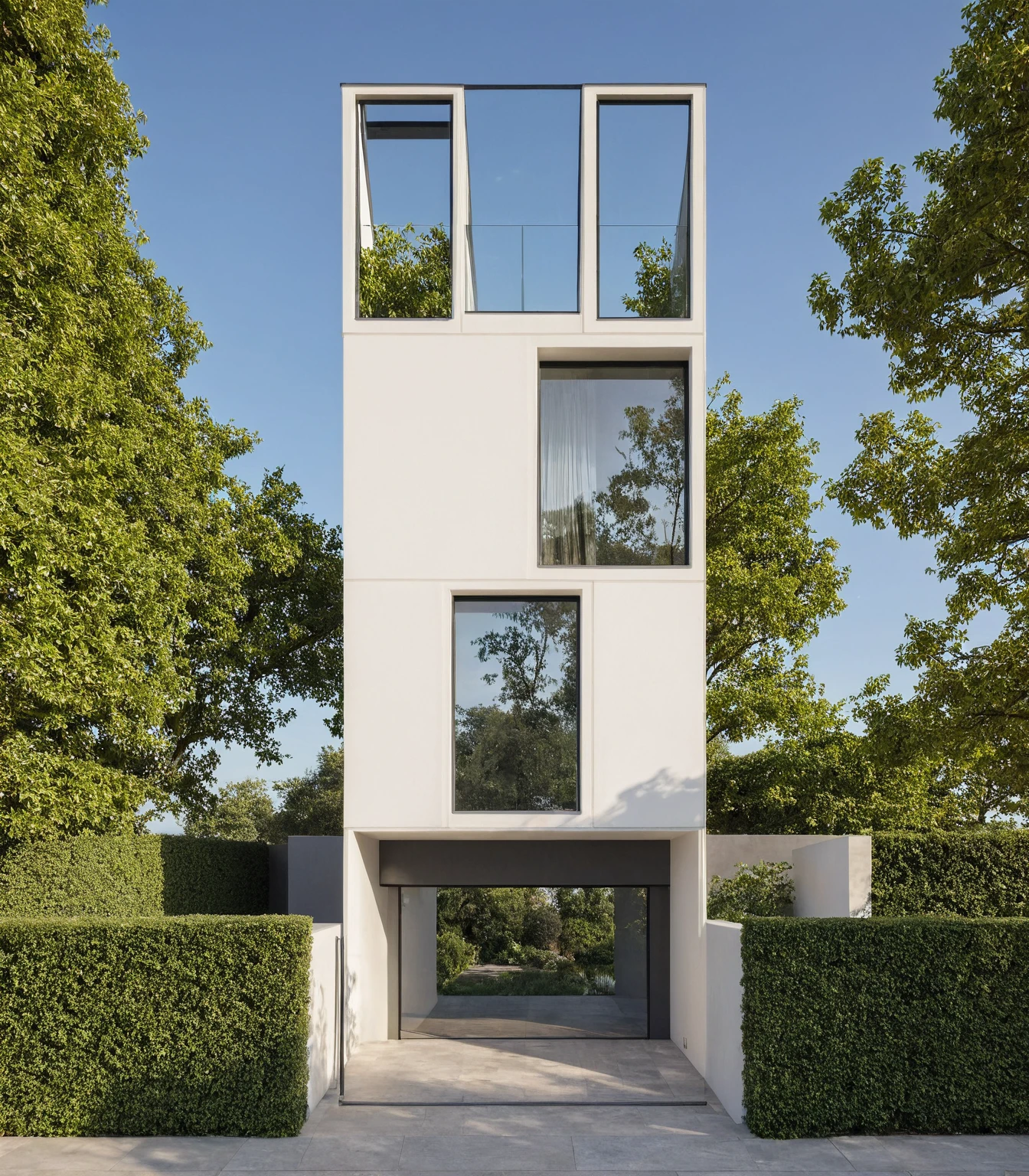 Masterpiece, high quality, best quality, authentic, super detail, outdoors, onestoreyvillaXL, aiaigroup, house style modern on the street ,stairs, white wall ,road,pavement, grass, trees, sky, cloud, (daylight:1.1)