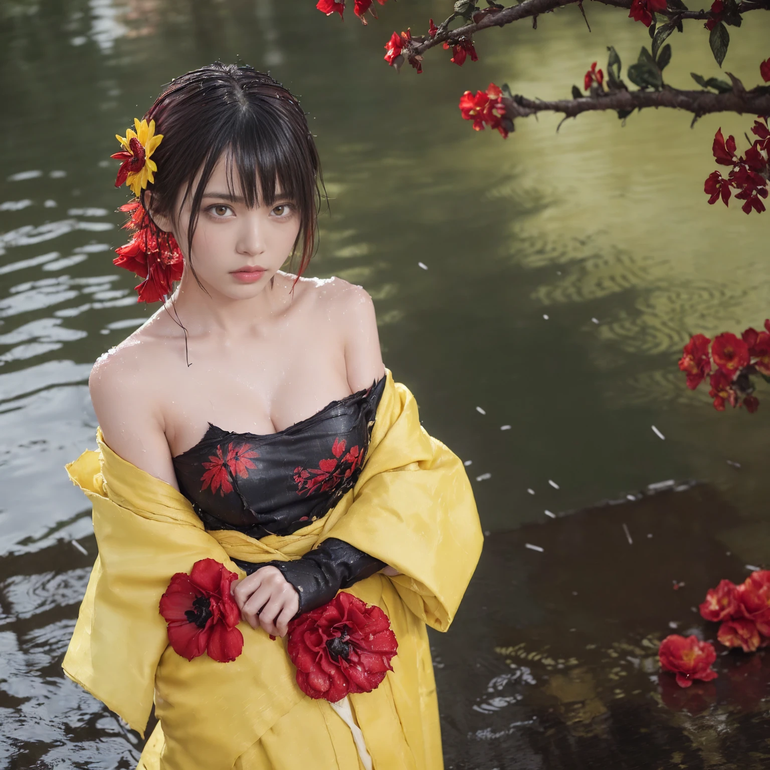 (Torn clothes:1.5),(Wet clothes:1.4),Bare shoulders,Real rain,Short black hair,(((Red flower hair ornament,Yellow eyes))),((Black kimono with spider web painting on shoulder)),Wet hair,White shirt,Best quality,Masterpiece,Ultra high resolution,(Fidelity:1.4),Photo,1 girl,[(Sadness)],Dim,Gloomy,Hopeless,Sympathetic,Pathetic,Cinematic,Tears,Teardrop,