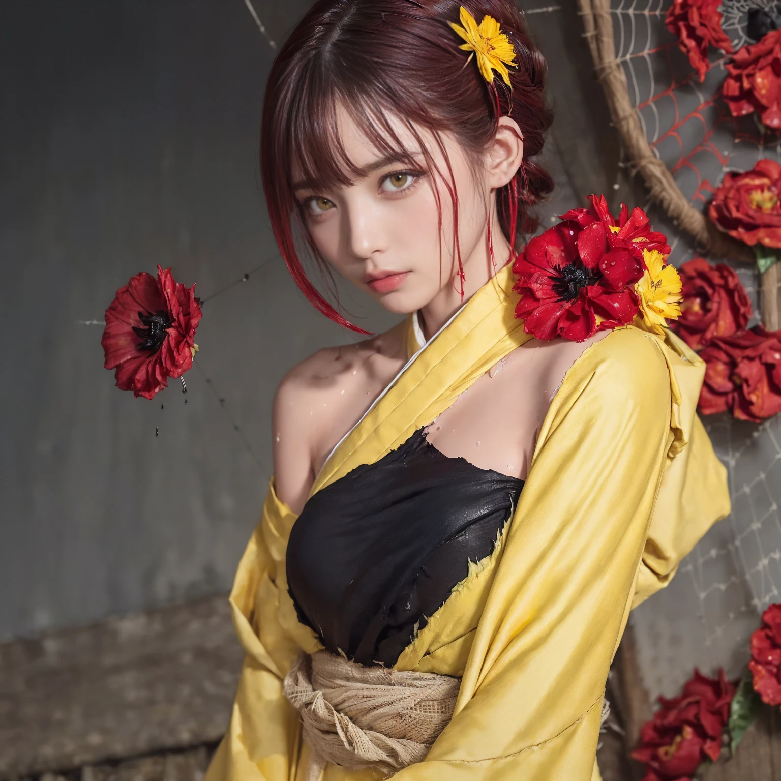 (Torn clothes:1.5),(Wet clothes:1.4),Bare shoulders,Real rain,Short black hair,(((Red flower hair ornament,Yellow eyes))),((Black kimono with spider web painting on shoulder)),Wet hair,White shirt,Best quality,Masterpiece,Ultra high resolution,(Fidelity:1.4),Photo,1 girl,[(Sadness)],Dim,Gloomy,Hopeless,Sympathetic,Pathetic,Cinematic,Tears,Teardrop,
