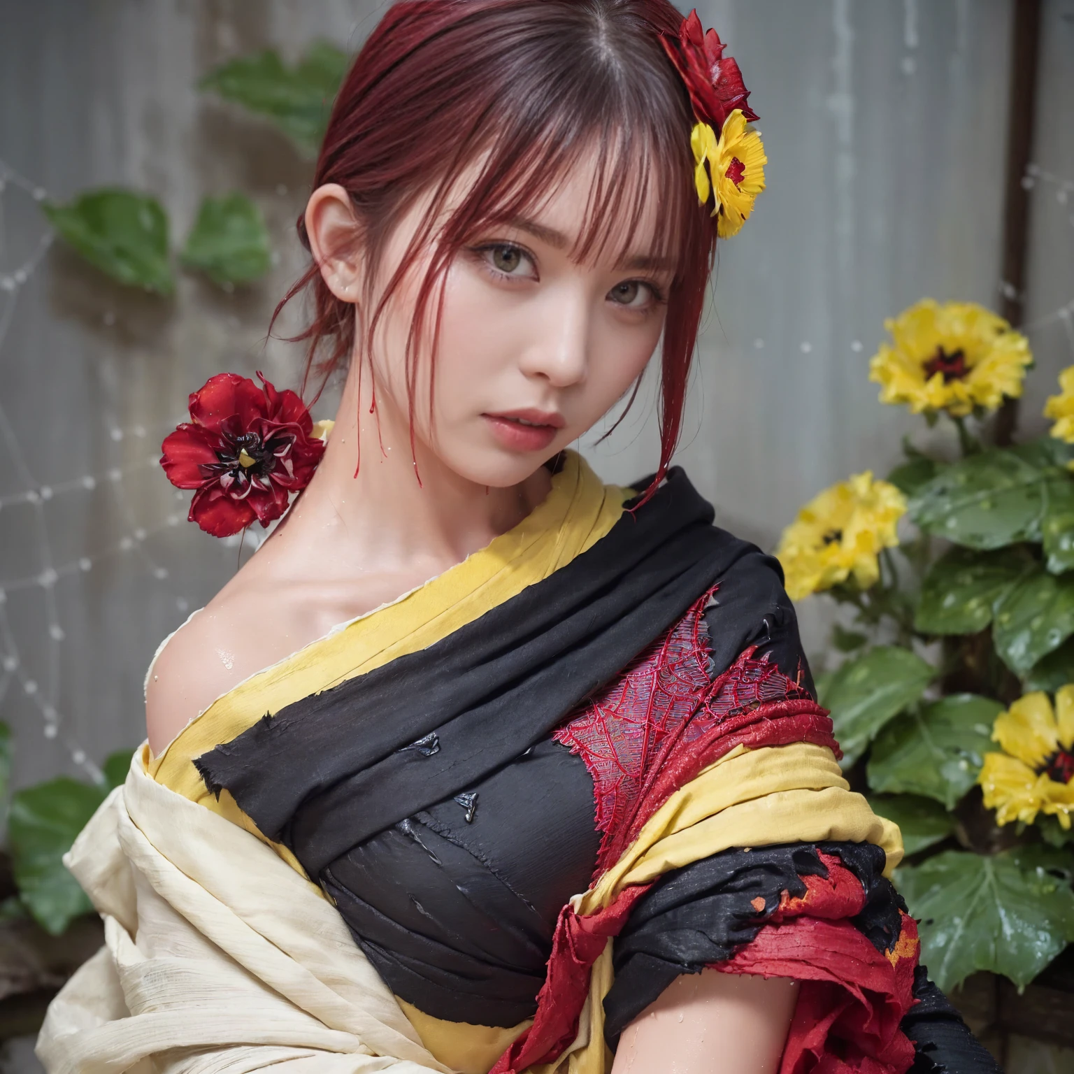 (Torn clothes:1.5),(Wet clothes:1.4),Bare shoulders,Real rain,Short black hair,(((Red flower hair ornament,Yellow eyes))),((Black kimono with spider web painting on shoulder)),Wet hair,White shirt,Best quality,Masterpiece,Ultra high resolution,(Fidelity:1.4),Photo,1 girl,[(Sadness)],Dim,Gloomy,Hopeless,Sympathetic,Pathetic,Cinematic,Tears,Teardrop,