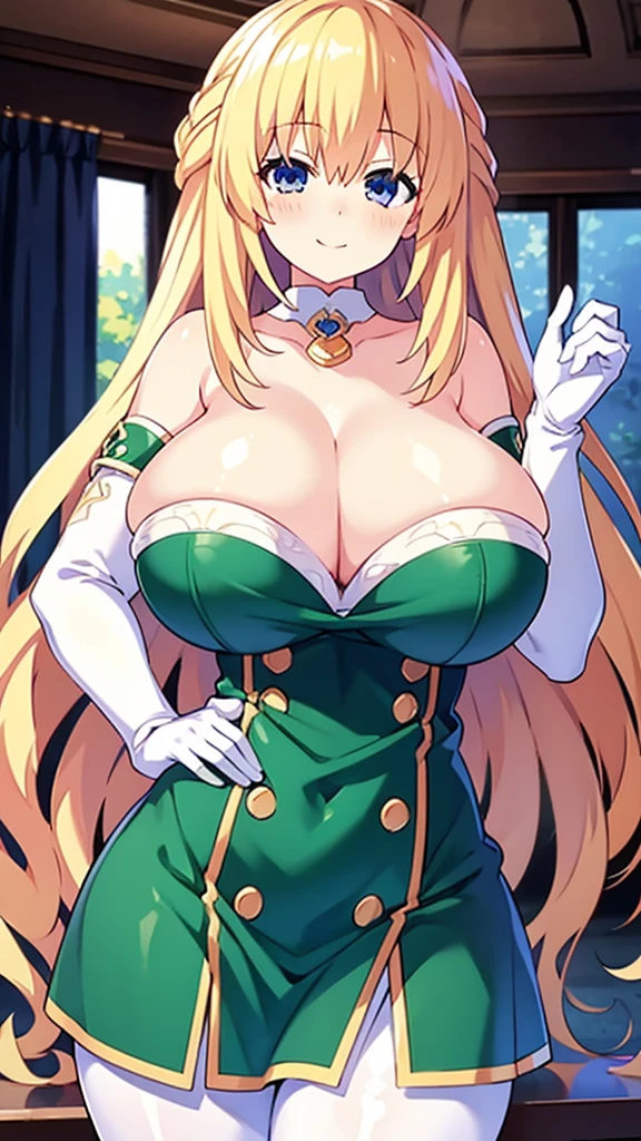 8k, RAW photo, best quality, masterpiece:1.2, 1girl,solo, curvy, blonde hair, blue eyes, blush, smile, huge breasts, cleavage, long hair, looking at viewer, white pantyhose, green and white dress, white gloves, vert_/neptune series/:1.1