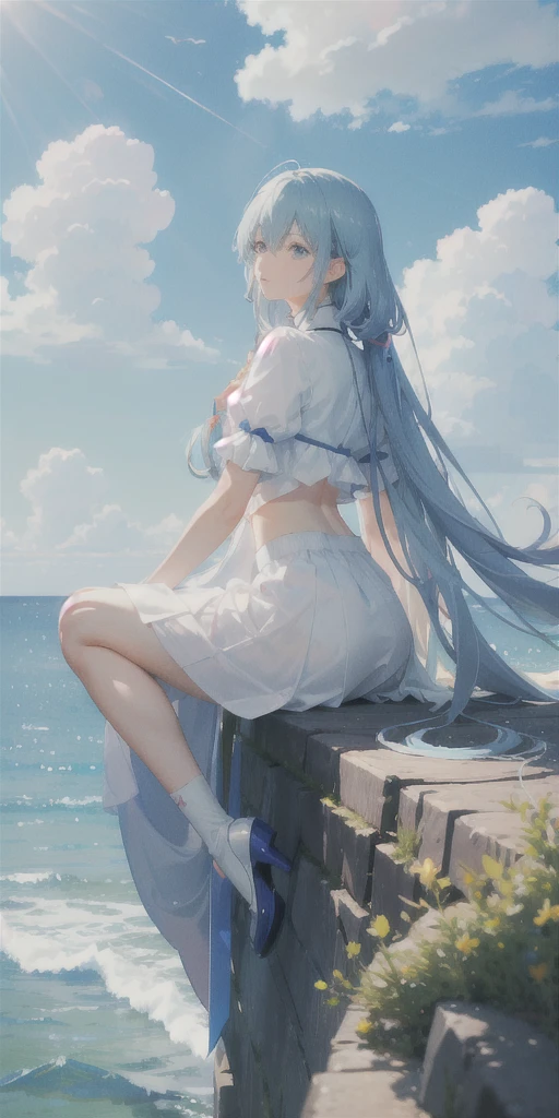 (masterpiece:1.1), hi-res, 4k, extremely delicate and beautiful art, pastel color, anime, beautiful detailed eyes, 1 anime man, a man sitting on the ground, lean back with arms behind back, knees up, a futuristic flying object, wind, blue sky with clouds, bare midriff, long hair, the water's edge, dutch angle