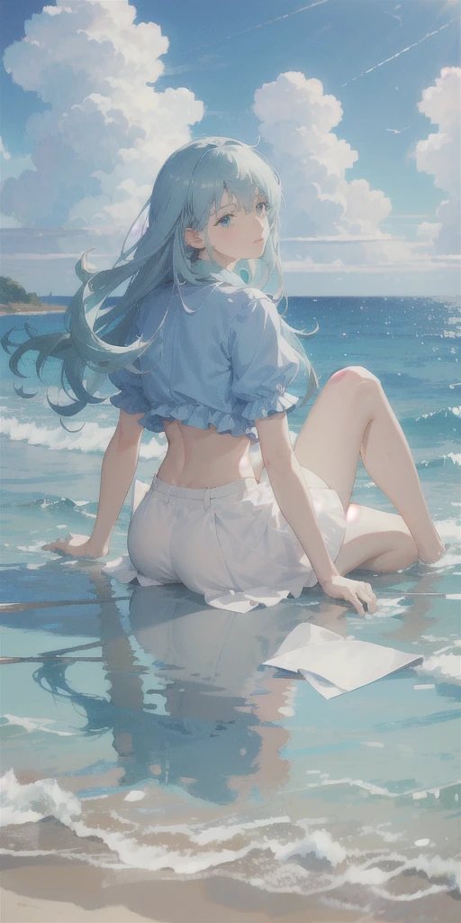 (masterpiece:1.1), hi-res, 4k, extremely delicate and beautiful art, pastel color, anime, beautiful detailed eyes, 1 anime man, a man sitting on the ground, lean back with arms behind back, knees up, a futuristic flying object, wind, blue sky with clouds, bare midriff, long hair, the water's edge, dutch angle