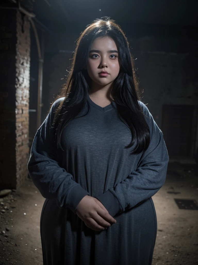 a fat girl, obese,extremely overweight, in an underground prison, looking excited,extremely detailed face and body,beautiful detailed eyes,beautiful detailed lips,extremely detailed eyes and face,longeyelashes,photorealistic,ultra-detailed,realistic,highres,masterpiece,cinematic lighting,dramatic lighting,gothic horror,dark moody atmosphere,muted colors,blue and purple tones