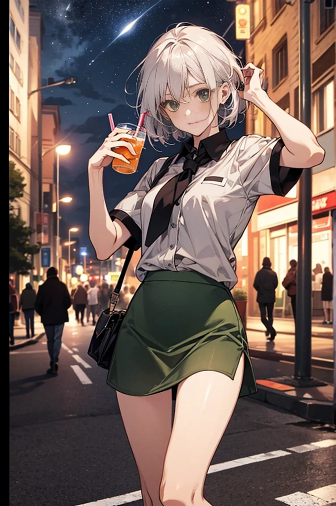 1girll, White short-sleeved shirt, Green skirt, Short socks, Long and slender legs, the city street, Neatly arranged hair, Facing the camera.Holding a drink head-on to the camera Fixing Her Hair Bending legs sideways dark sky alone street