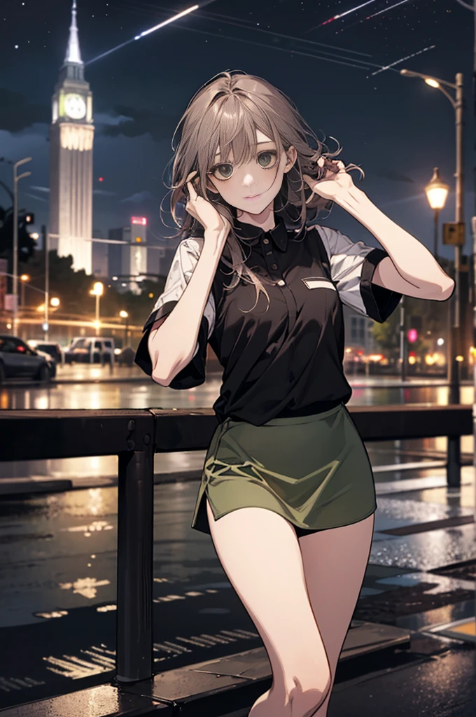 1girll, White short-sleeved shirt, Green skirt, Short socks, Long and slender legs, the city street, Neatly arranged hair, Facing the camera.Holding a drink head-on to the camera Fixing Her Hair Bending legs sideways dark sky alone street