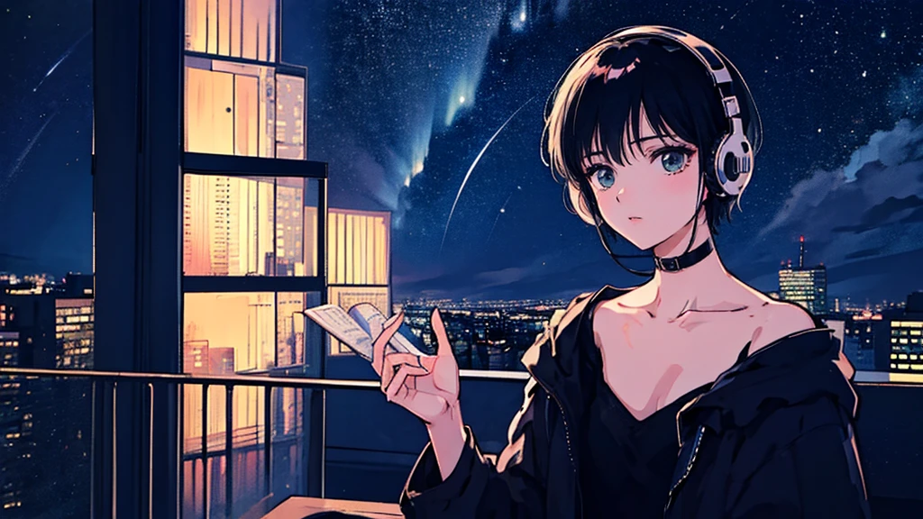 Black short Hair, Black Clothing, One Adult Woman Looking Sideways ,Blue headphones、 City of night, Delicate background、Masterpiece、Night Town、night、dark、Nostalgic、Starry Sky