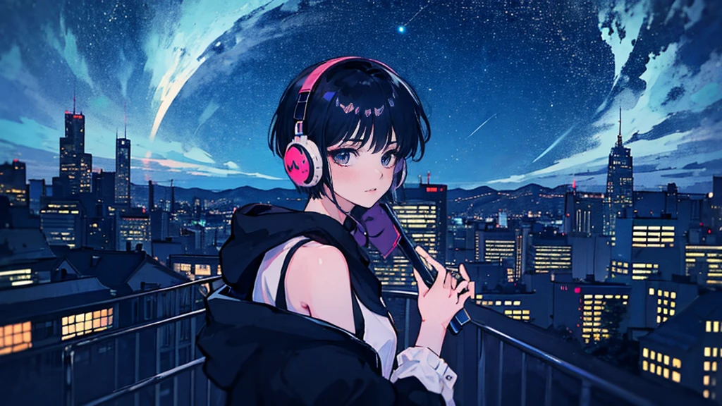 Black short Hair, Black Clothing, One Adult Woman Looking Sideways ,Blue headphones、 City of night, Delicate background、Masterpiece、Night Town、night、dark、Nostalgic、Starry Sky
