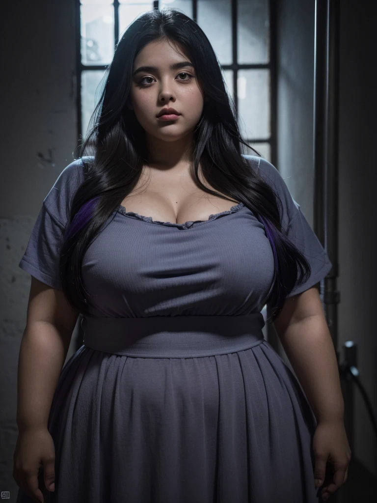 a fat girl, obese,extremely overweight, in an underground prison, looking excited,extremely detailed face and body,beautiful detailed eyes,beautiful detailed lips,extremely detailed eyes and face,longeyelashes,photorealistic,ultra-detailed,realistic,highres,masterpiece,cinematic lighting,dramatic lighting,gothic horror,dark moody atmosphere,muted colors,blue and purple tones