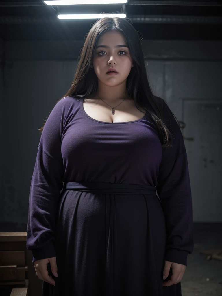 a fat  girl, obese,extremely overweight, in an underground prison, looking excited,extremely detailed face and body,beautiful detailed eyes,beautiful detailed lips,extremely detailed eyes and face,longeyelashes,photorealistic,ultra-detailed,realistic,highres,masterpiece,cinematic lighting,dramatic lighting,gothic horror,dark moody atmosphere,muted colors,blue and purple tones